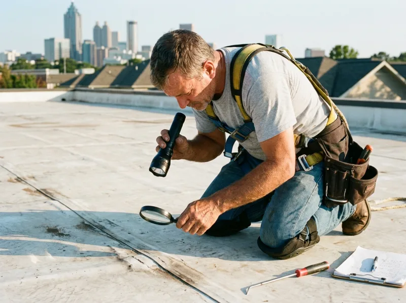 Commercial roof inspector examining membrane with flashlight on Georgia rooftop