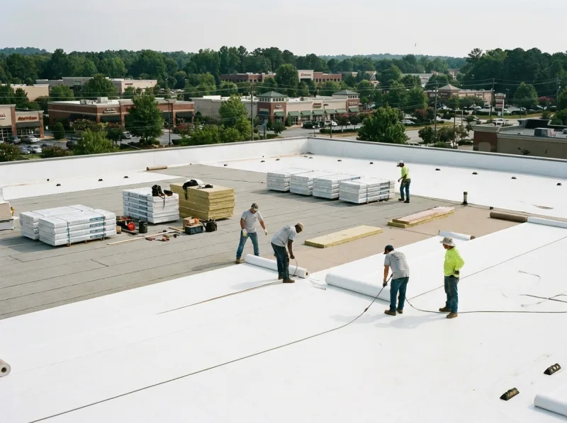 Commercial roofing crew rolling out TPO membrane on large flat roof in Georgia