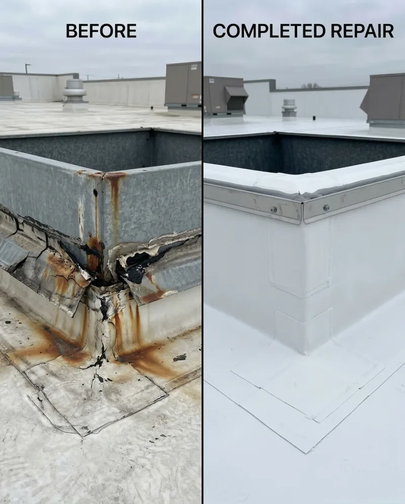 Commercial roof flashing repair before and after in Athens Georgia
