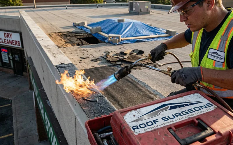 Strip mall emergency roof repair in progress in Atlanta Georgia