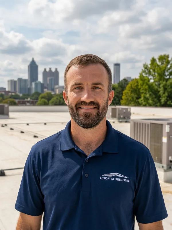 Robert Bishop, owner of Roof Surgeons, standing on commercial rooftop in Georgia
